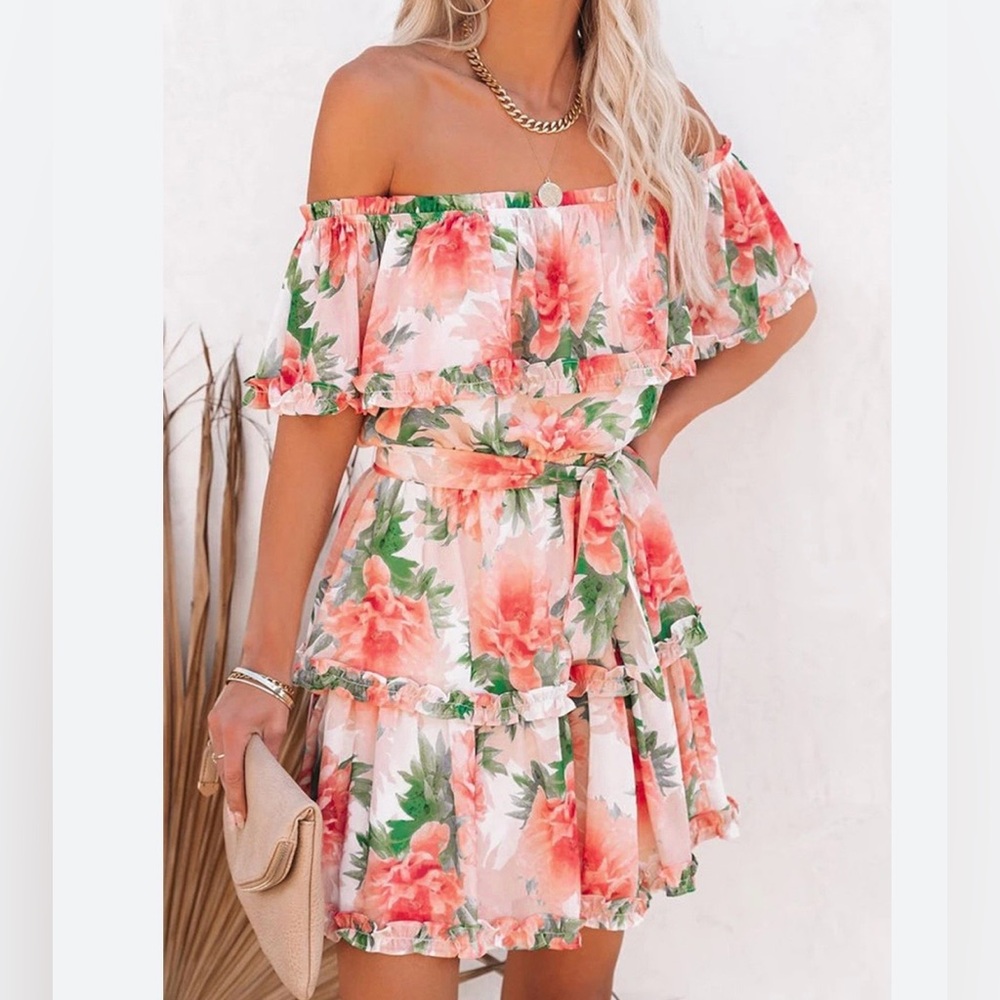 VICI Peach Floral Off-Shoulder Tiered Mini Dress Sz M